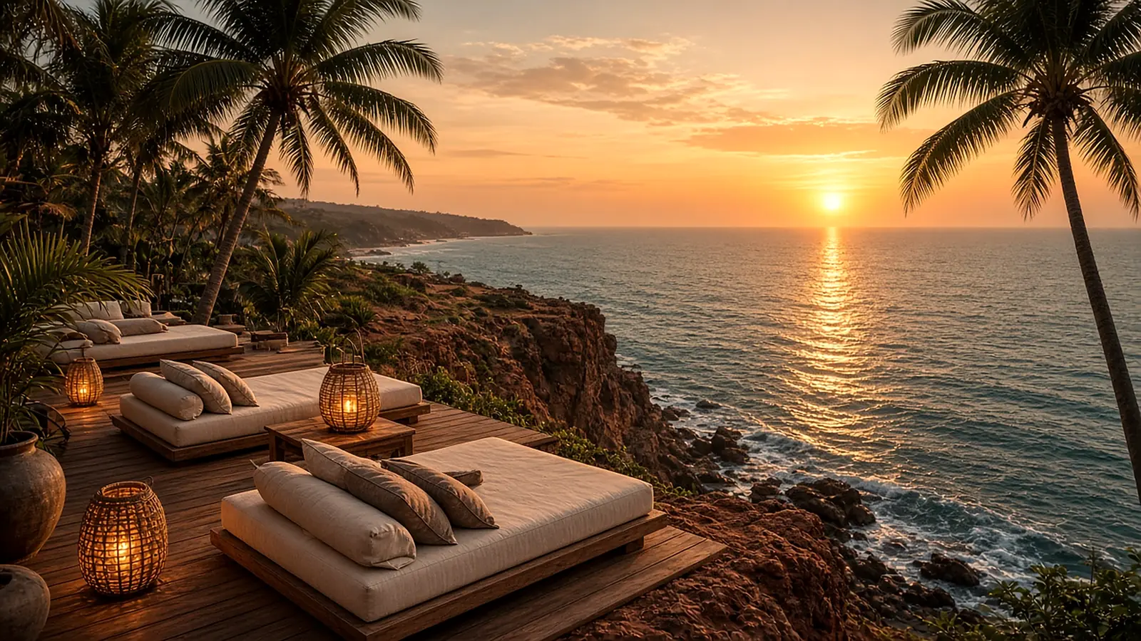 Cliff-top lounge deck with daybeds and rattan lanterns above the Arabian Sea at sunset