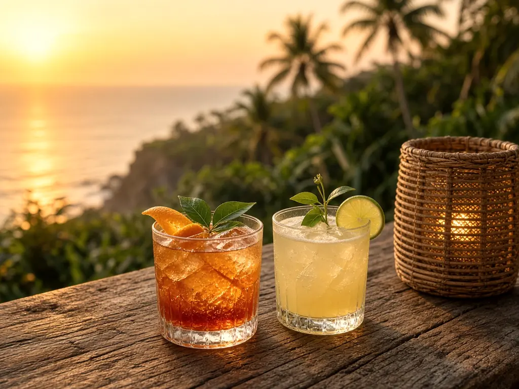 Craft cocktails on a teak table at sunset